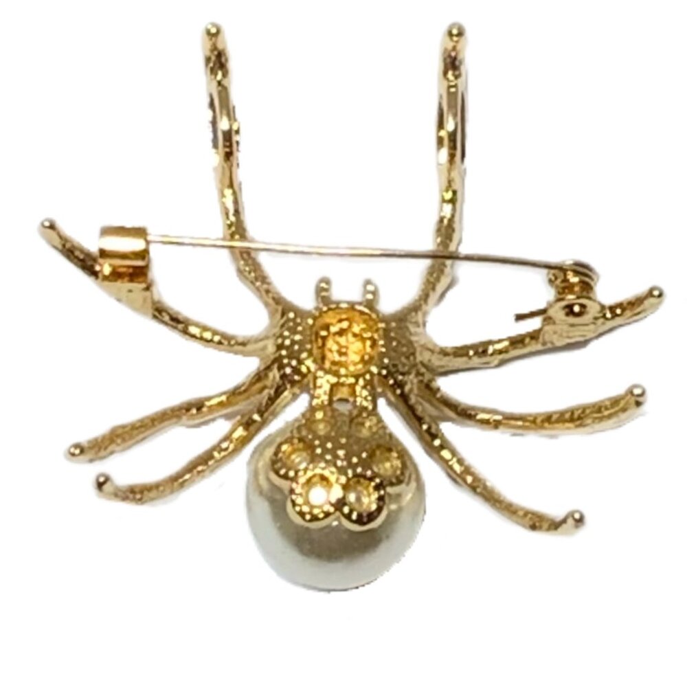 Gold Spider Brooch Faux Pearl Rhinestone Halloween Gothic Pin - Picture 7 of 7